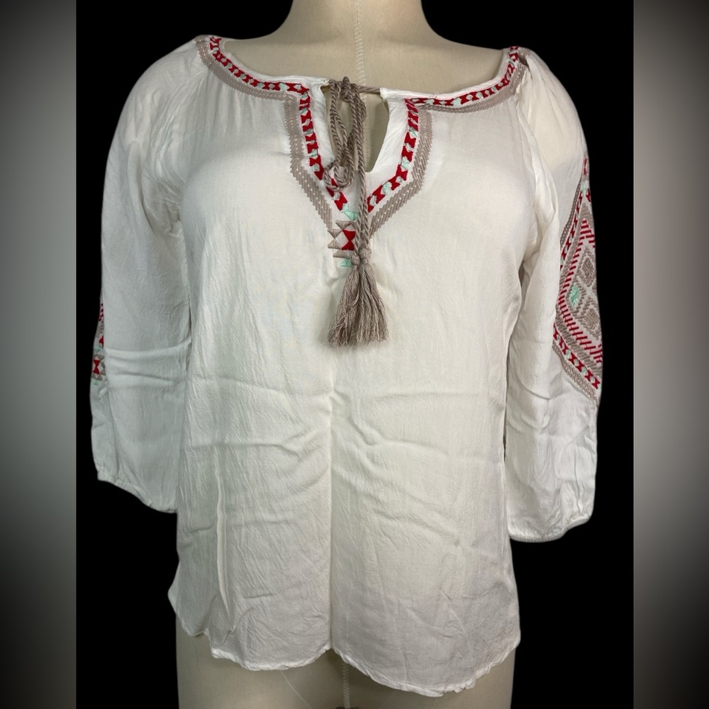 Live Stitch Embroidered White and Red Long Sleeve Women's Top Small